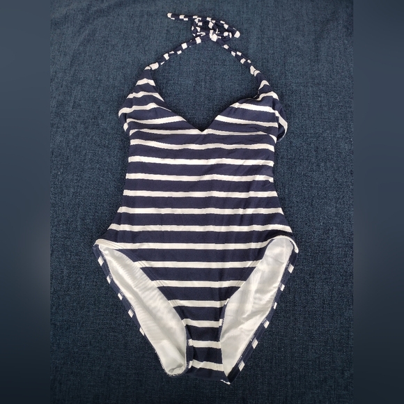 NWT LOFT Beach Striped Plunge One Piece Swimsuit Navy White Stripe XS - Picture 1 of 8